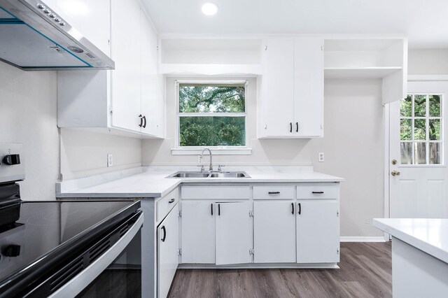 kitchen featuring wall chimney range hood, sink, wood-type flooring, and range with electric cooktop