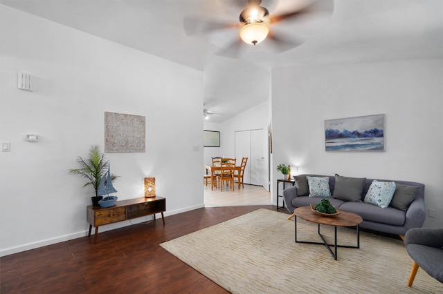 living room with high vaulted ceiling, ceiling fan, and hardwood / wood-style floors