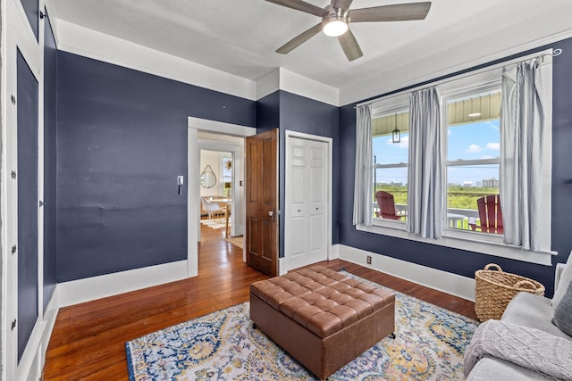 living room with ceiling fan and hardwood / wood-style flooring