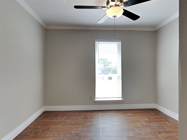 unfurnished room with ceiling fan and ornamental molding