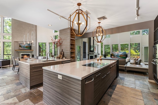 kitchen with a large fireplace, a kitchen island, rail lighting, and stainless steel appliances