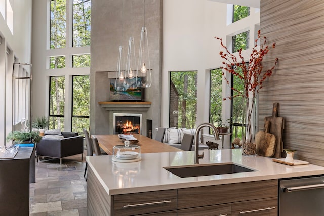 kitchen featuring dishwasher, a healthy amount of sunlight, sink, and a large fireplace