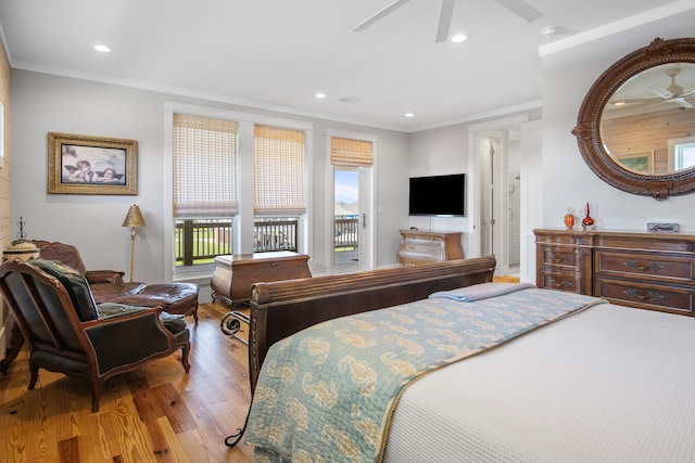 bedroom featuring ornamental molding, access to exterior, light wood-type flooring, and ceiling fan