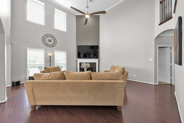 living room featuring ornamental molding, ceiling fan, a high ceiling, and dark wood-type flooring