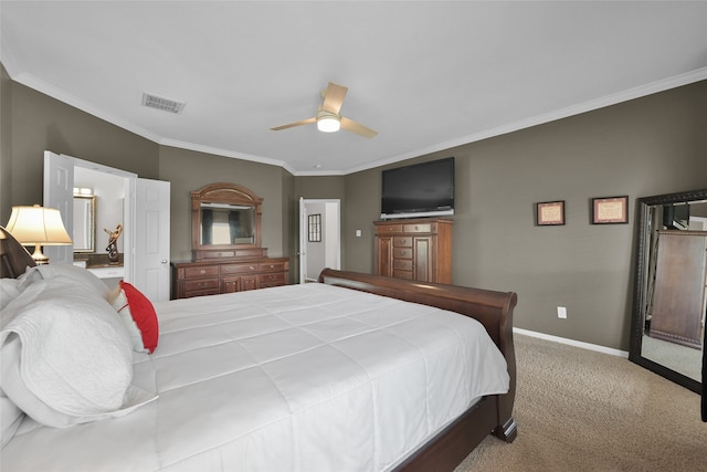 carpeted bedroom featuring ceiling fan and ornamental molding