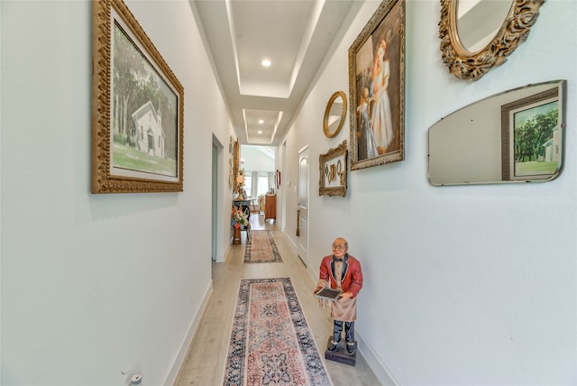 hall with a raised ceiling and light hardwood / wood-style flooring