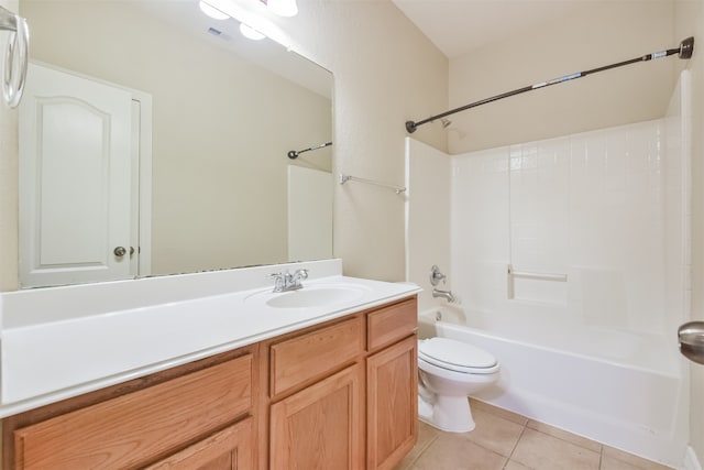 full bathroom with tile patterned floors, shower / bathtub combination, vanity, and toilet