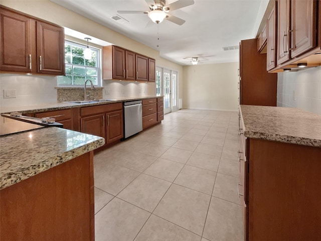 15215 Benfer Rd, Houston, TX 77069 - kitchen with light tile patterned flooring, dishwasher, sink, decorative backsplash, and ceiling fan