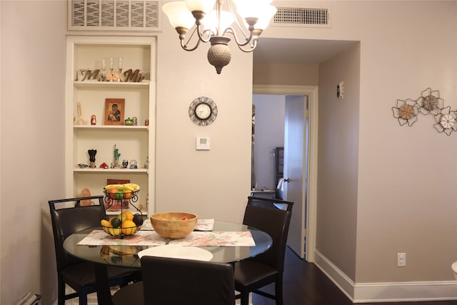 dining area with an inviting chandelier and dark wood-type flooring