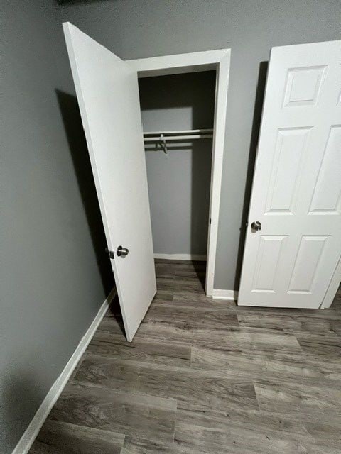 unfurnished bedroom with wood-type flooring and a closet