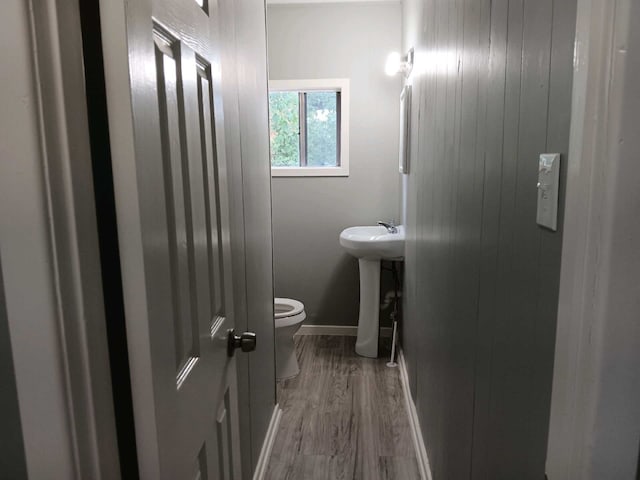 bathroom with wood-type flooring, toilet, and sink