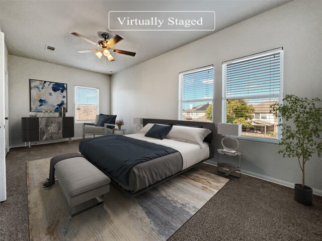 bedroom with carpet floors and ceiling fan