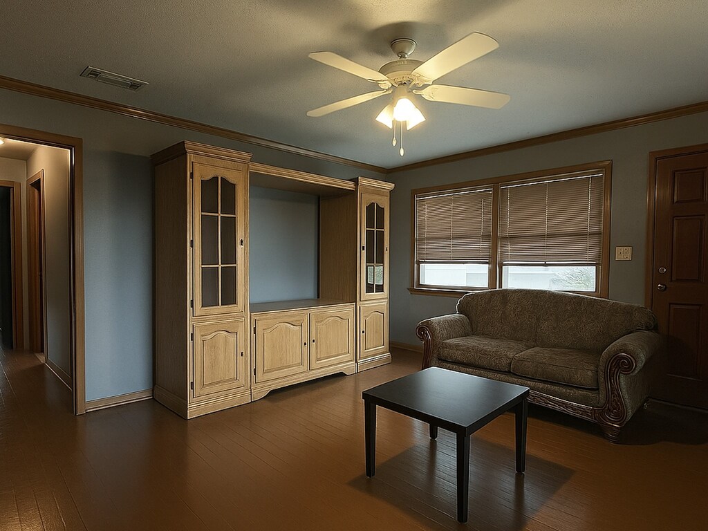 1634 Antoine Dr, Houston, TX 77055 - living room featuring visible vents, ornamental molding, baseboards, and ceiling fan