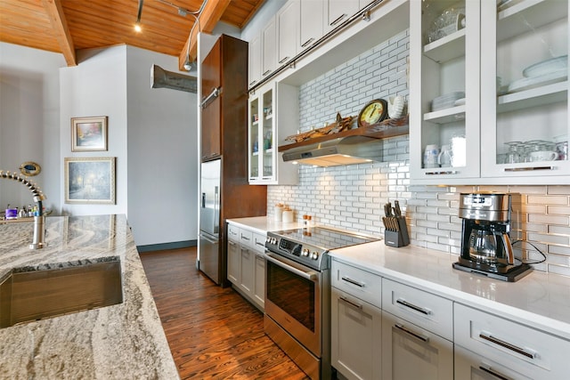 kitchen with wood ceiling, light stone countertops, ventilation hood, sink, and stainless steel range with electric stovetop