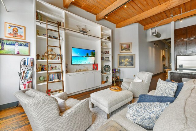 living room featuring track lighting, beamed ceiling, dark hardwood / wood-style flooring, and wood ceiling