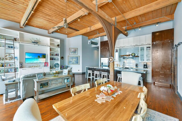 dining space with sink, beamed ceiling, dark hardwood / wood-style floors, ceiling fan, and wooden ceiling