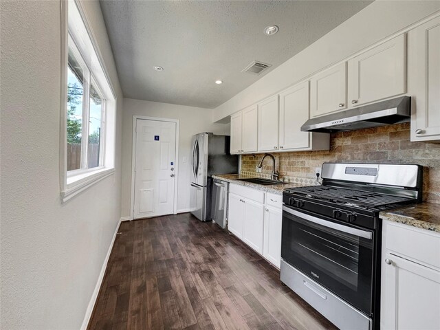 kitchen with sink, dark hardwood / wood-style floors, stainless steel appliances, and white cabinets