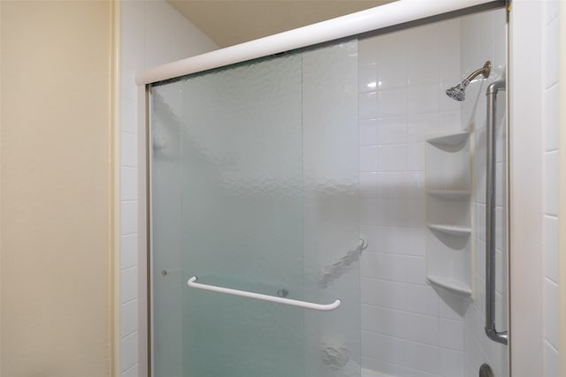 bathroom with a shower with shower door