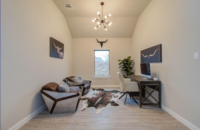 5727 Daylight Cv, Fulshear, TX 77441 - office space featuring a chandelier, lofted ceiling, wood finished floors, and baseboards