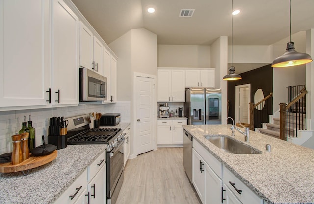 kitchen featuring a sink, visible vents, white cabinetry, appliances with stainless steel finishes, and backsplash