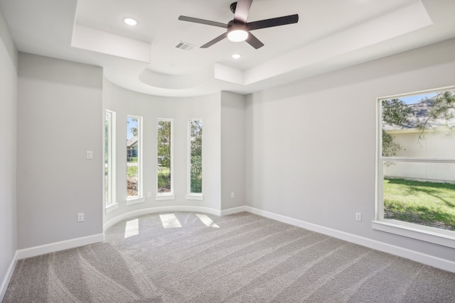 carpeted spare room with ceiling fan and a raised ceiling