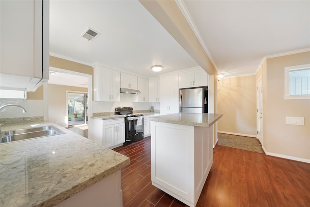 kitchen featuring range, sink, dark hardwood / wood-style floors, and stainless steel refrigerator