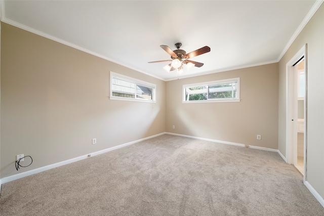 carpeted spare room featuring ceiling fan and crown molding