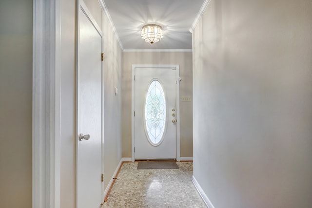 doorway to outside with tile patterned flooring and ornamental molding