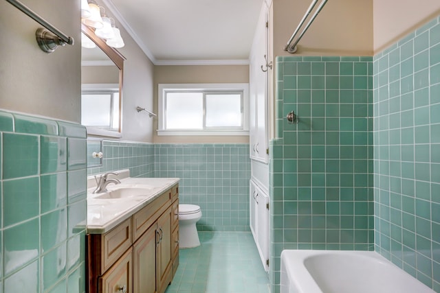 full bathroom with tile walls, tile patterned flooring, tiled shower / bath, toilet, and vanity