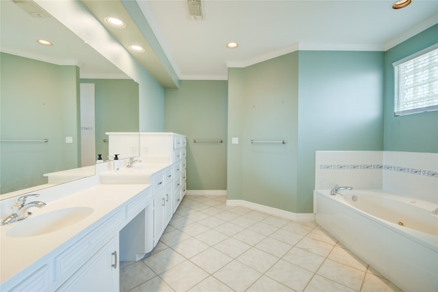 bathroom featuring a tub to relax in, ornamental molding, tile patterned floors, and vanity