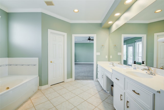 bathroom with vanity, tile patterned floors, crown molding, ceiling fan, and a washtub