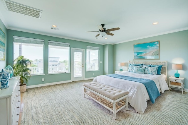 carpeted bedroom featuring access to outside, ceiling fan, and ornamental molding