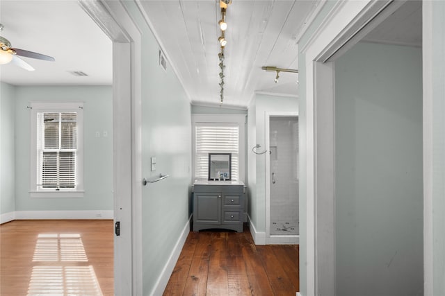 hall with sink, vaulted ceiling, and dark hardwood / wood-style floors