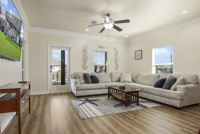 living room with crown molding, ceiling fan, and wood-type flooring