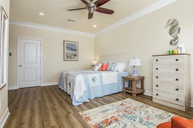 bedroom with ceiling fan, wood-type flooring, and ornamental molding