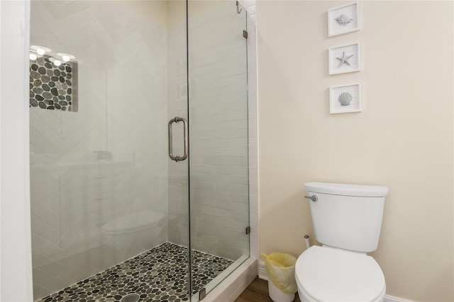 bathroom with a shower with shower door and toilet