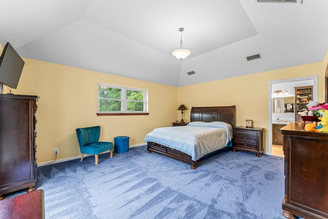 bedroom featuring lofted ceiling, carpet floors, visible vents, and baseboards