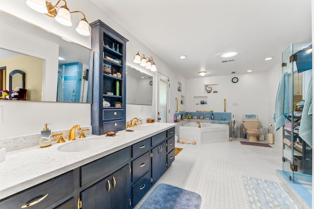 full bath featuring a stall shower, a sink, a bath, and double vanity