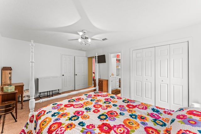 bedroom featuring ceiling fan and light colored carpet