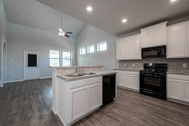 kitchen featuring white cabinetry, black appliances, ceiling fan, and dark wood-type flooring