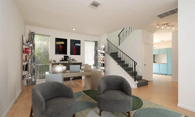 living room featuring light wood-type flooring, track lighting, and a healthy amount of sunlight