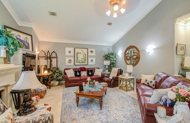 tiled living room with ceiling fan and crown molding