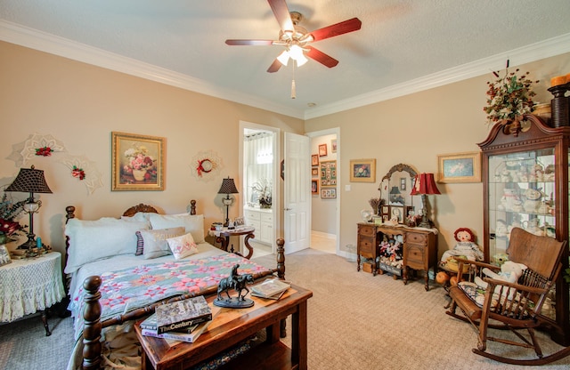 bedroom with light carpet, a textured ceiling, ceiling fan, and crown molding