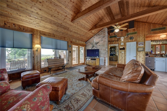 tiled living room featuring beamed ceiling, wood ceiling, high vaulted ceiling, and wood walls