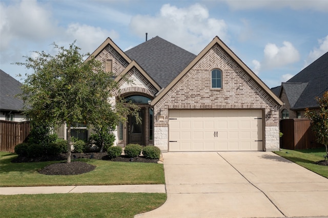 view of front of property featuring a garage and a front lawn