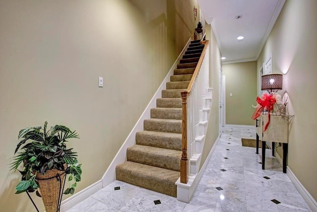 stairs with light tile patterned flooring and ornamental molding