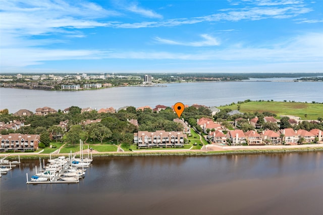 drone / aerial view featuring a water view