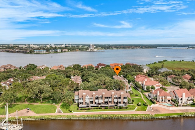 drone / aerial view featuring a water view