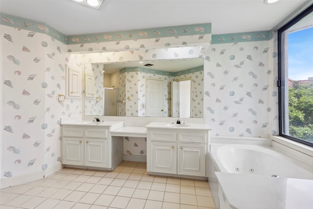 bathroom featuring vanity, separate shower and tub, and tile patterned flooring