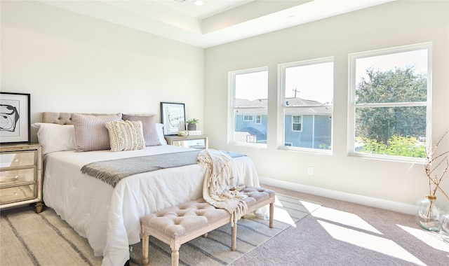 bedroom featuring light carpet